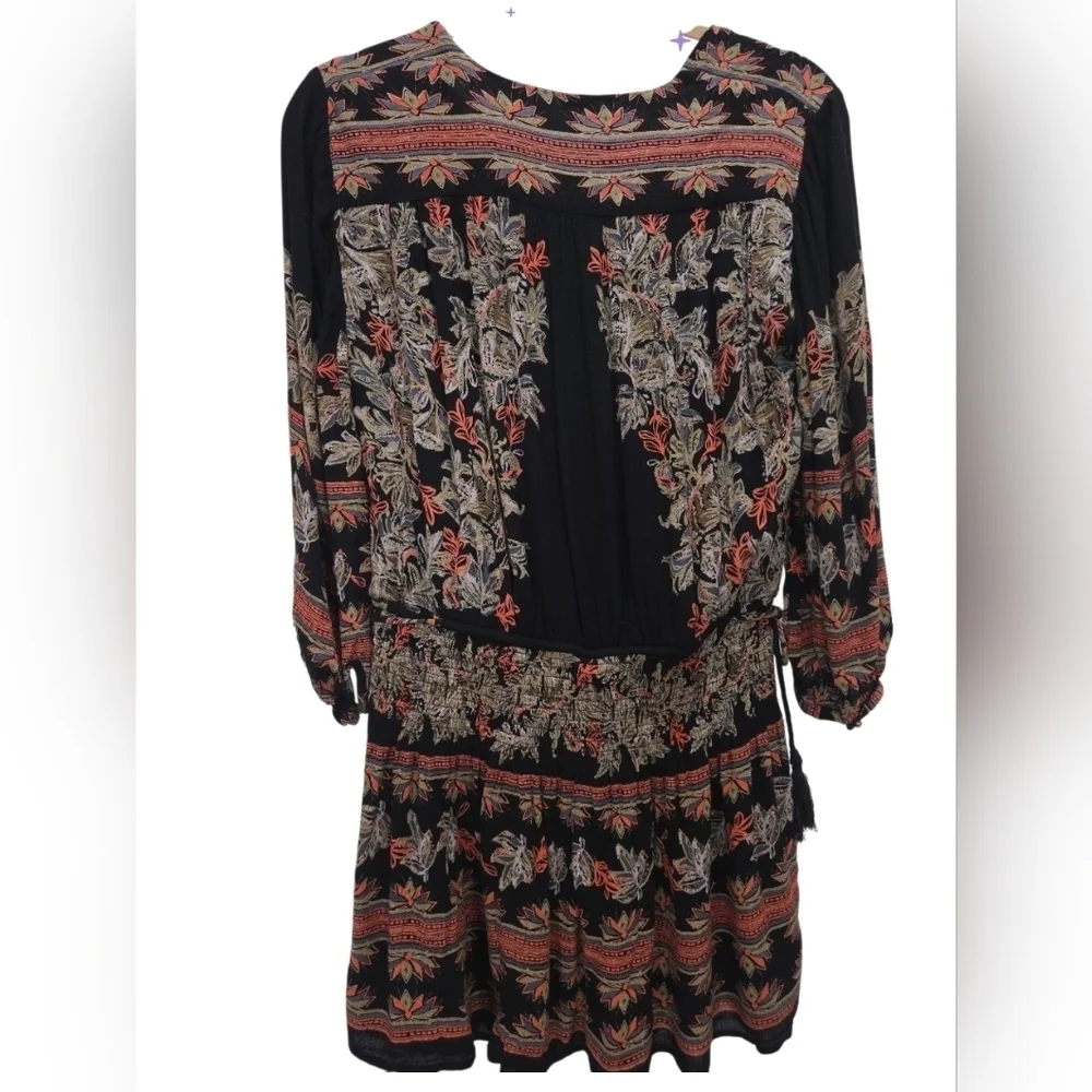 Free People black mini dress midnight drive smocked long sleeve boho Small